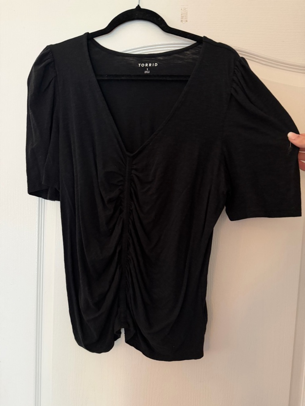 torrid Black Ruched V-Neck Short Sleeve Blouse